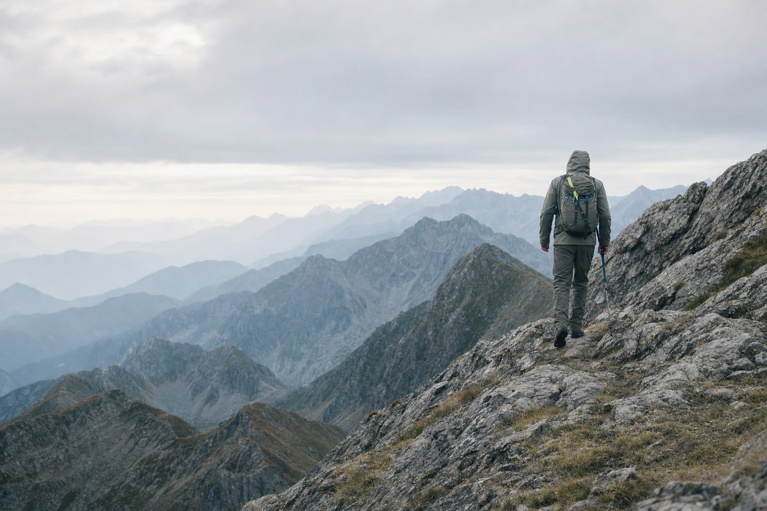 A hiker on a misty ridge at dawn