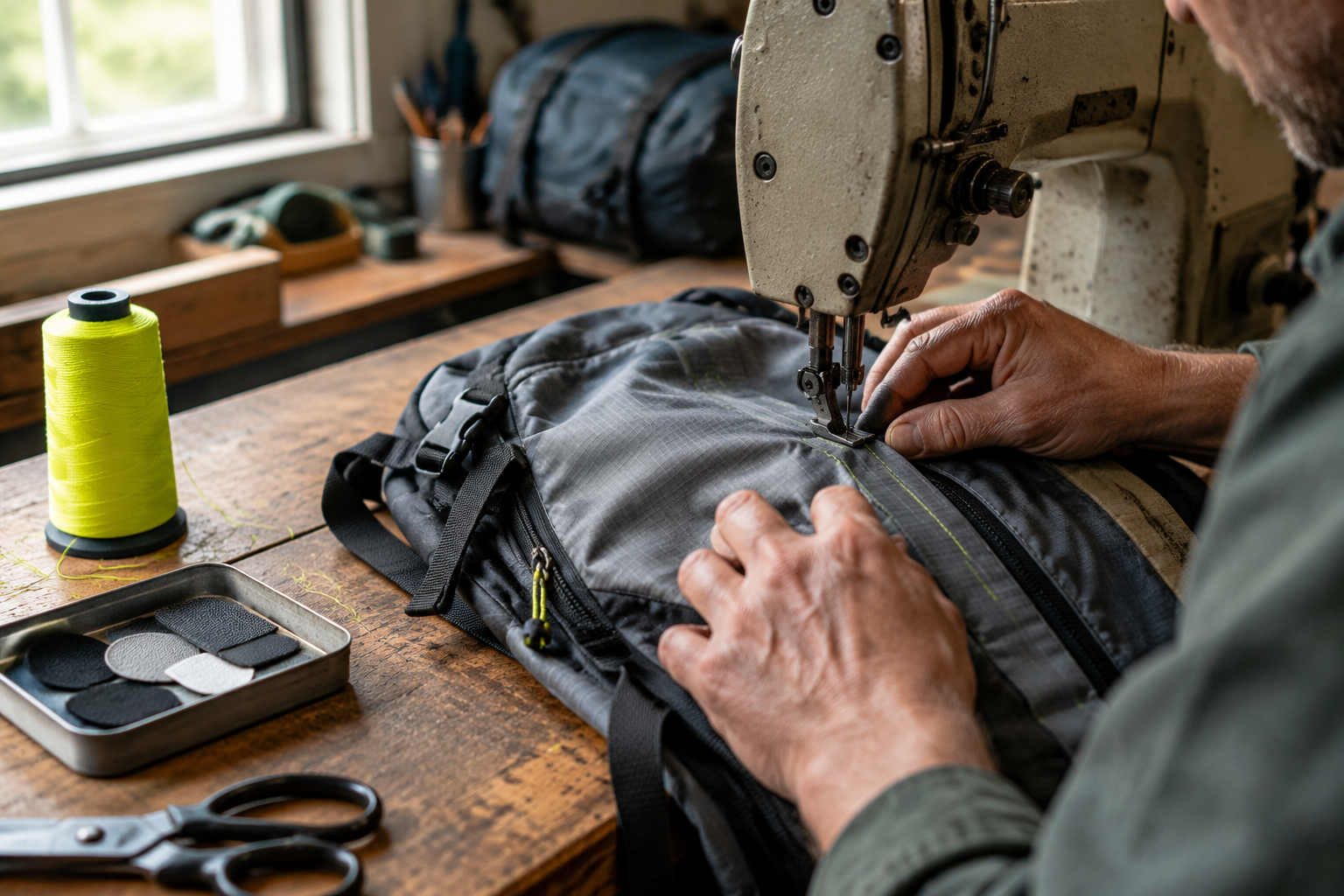 A pack with its shoulder strap being replaced on the repair bench